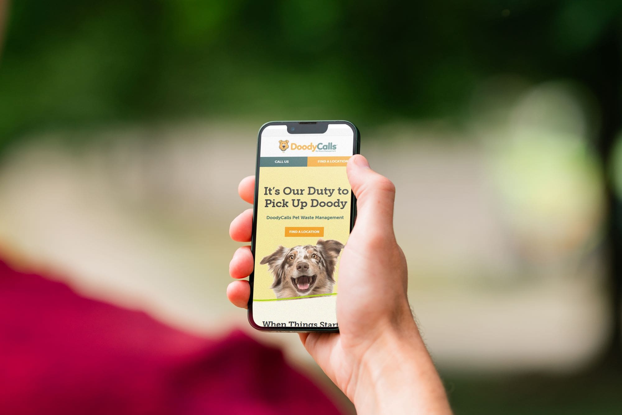 Hand holding a cellphone showing the DoodyCalls website for pet care.
